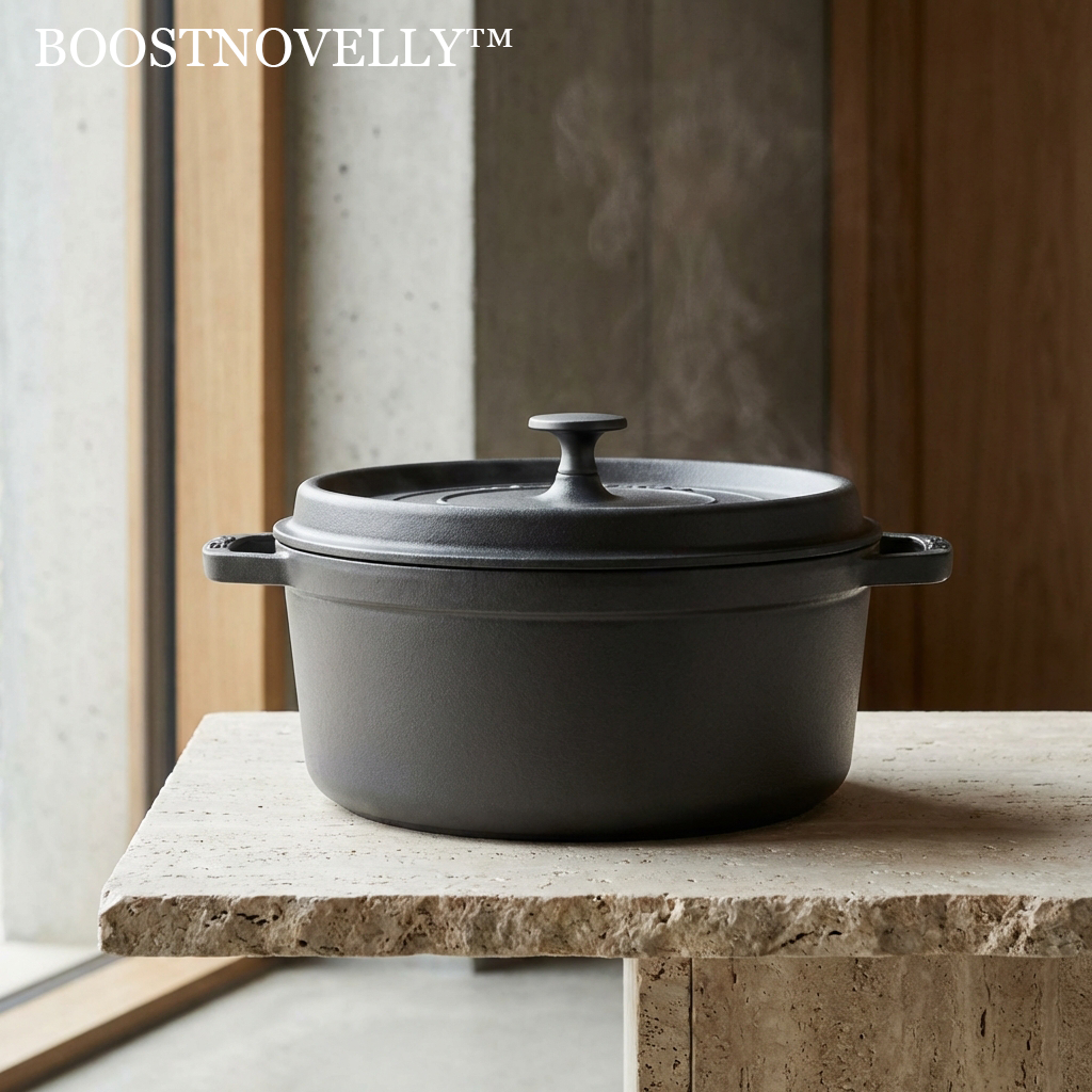 Boostnovelly™THE MONOLITH CAST IRON COCOTTE- "In the dance between fire and iron, there is no room for compromise. A vessel designed not just to hold heat, but to master it."