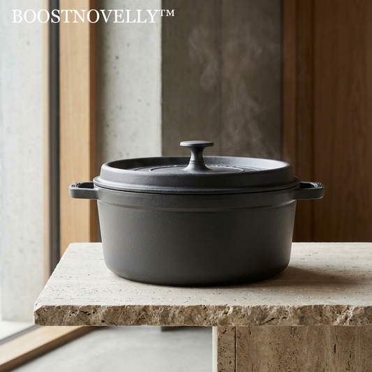 Boostnovelly™THE MONOLITH CAST IRON COCOTTE- "In the dance between fire and iron, there is no room for compromise. A vessel designed not just to hold heat, but to master it."